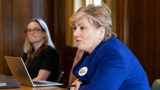 Emily Thornberry wearing a blue jacket with a badge on it