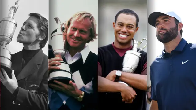 A split image of Gary Player, Jack Nicklaus and Tiger Woods cradling their Claret Jugs and Scottie Scheffler staring at them