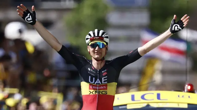 Tim Wellens celebrates winning stage 15 of the 2025 Tour de France