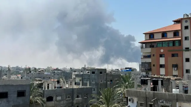 Smoke rises during Israeli strikes amid the Israeli military operation in Deir Al-Balah, in the central Gaza Strip, July 21, 2025.