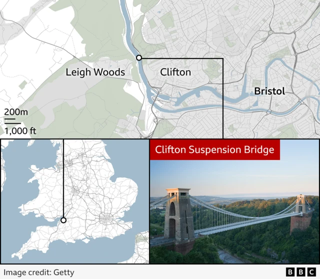 A map showing Bristol, the Clifton Suspension Bridge and Clifton