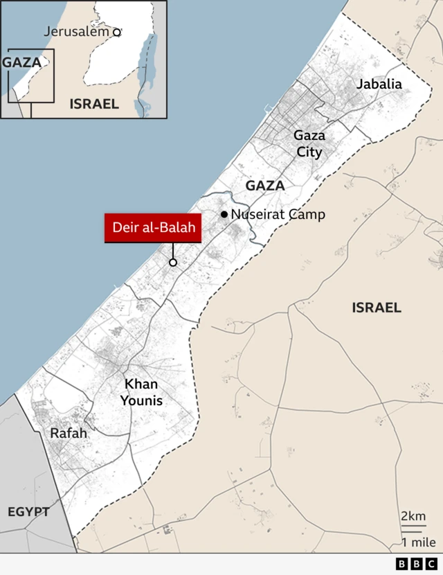 A map shows the location of Deir al-Balah in central Gaza