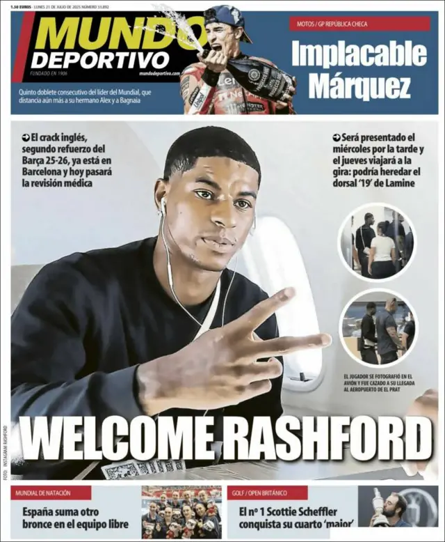 Pictures of Marcus Rashford en route and landing in Barcelona on the front page of today's Mundo Deportivo newspaper