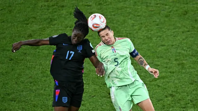 England's forward #17 Michelle Agyemang (L) vies with Italy's defender #05 Elena Linari