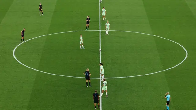 Players of England and Italy prepare for kickoff without taking a knee