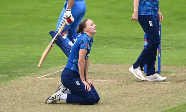 England bowler Lauren Filer reacts