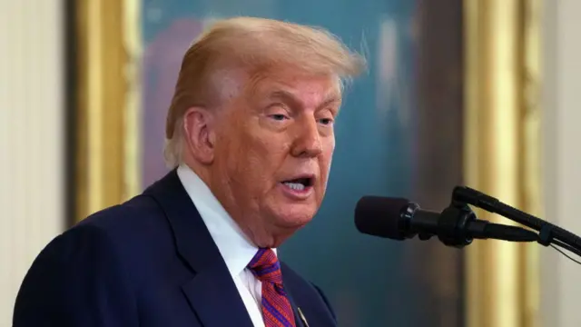 Donald Trump is seen speaking at a podium. He has a red tie on and you can see a microphone close to his face.