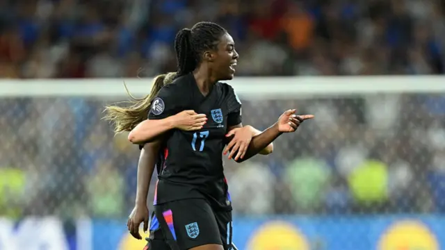 Michelle Agyemang (R) of England celebrates after scoring during the UEFA Women's EURO 2025 semi-finals match between England and Italy at Stade de Geneve