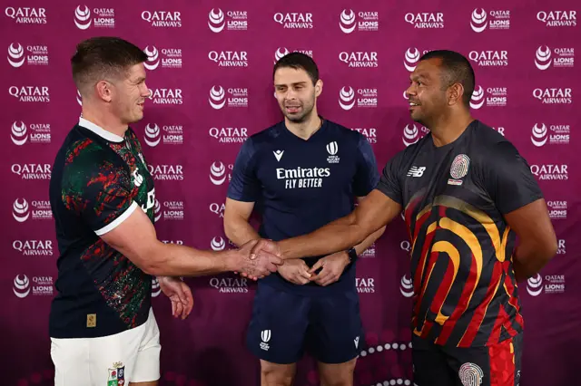 Owen Farrell of the British and Irish Lions and Kurtley Beale of the First Nations & Pasifika XV at the coin toss ahead of the tour match between First Nations & Pasifika v British