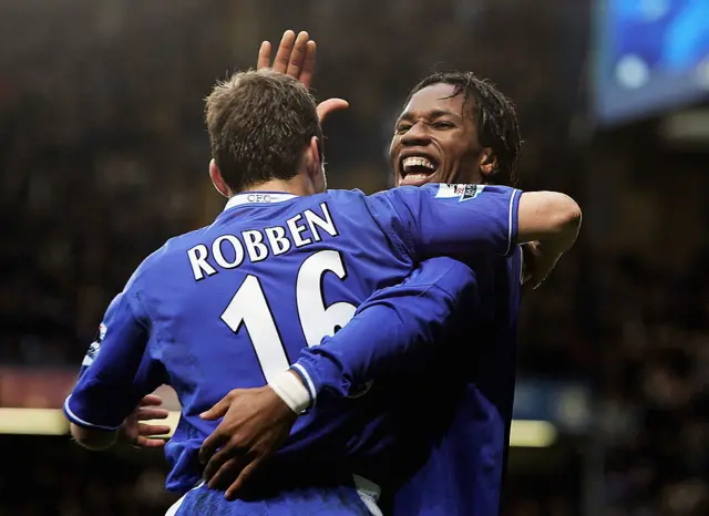 Didier Drogba and Arjen Robben celebrate