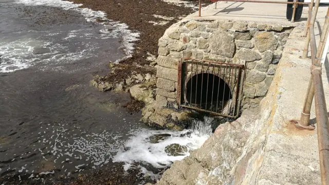 A storm drain next to a beach. It is built into the quay wall and water is pouring out of it to join the sea. There is seaweed on the beach and people are lying on the sandy part of it. There are a number of beach-related businesses in the buildings lining the beach and quay.