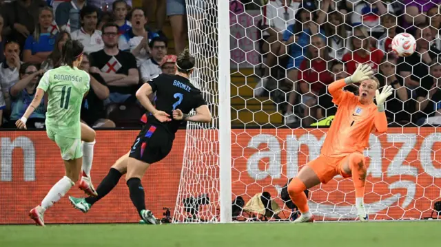 Italy's forward #11 Barbara Bonansea (L) scores a goal despite England's defender #02 Lucy Bronze (C) as England's goalkeeper #01 Hannah Hampton dives