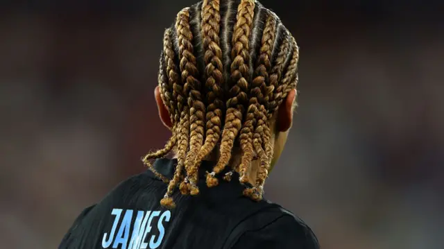 A detailed view of Lauren James of England's hair