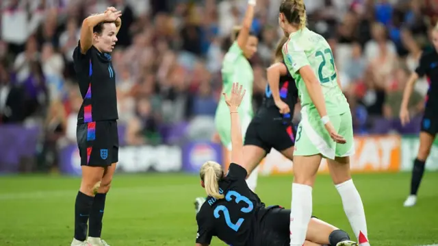 Lauren Hemp forward of England looking shocked
