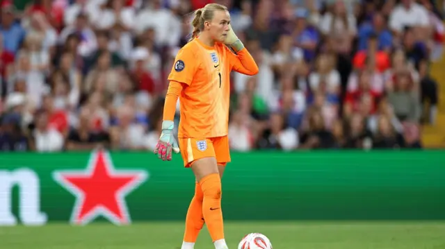 Hannah Hampton of England looks on during the UEFA Women's EURO 2025 Semi-Final match between England and Italy at Stade de Geneve