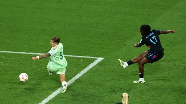 Michelle Agyemang of England scores her team's first goal under pressure from Elena Linari of Italy