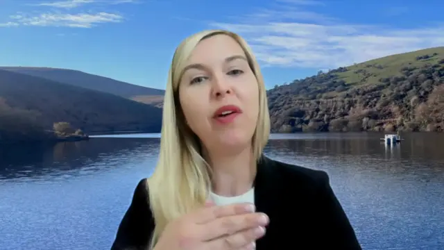 Sarah Heald, South West Water's chief strategy and regulation officer, raises her right hand while making a point during an interview