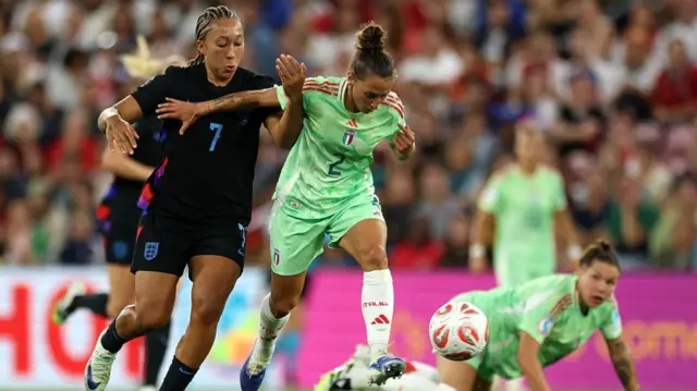Lauren James of England and Elisabetta Oliviero of Italy battle for possession