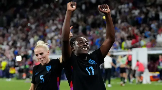 Michelle Agyemang forward of England and Arsenal FC with her teammates celebrate victory