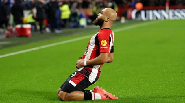 Bryan Mbeumo celebrates after scoring against Arsenal