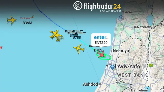 Screen grab from Flightradar24 showing an El Al flight circling near the coast of Israel.