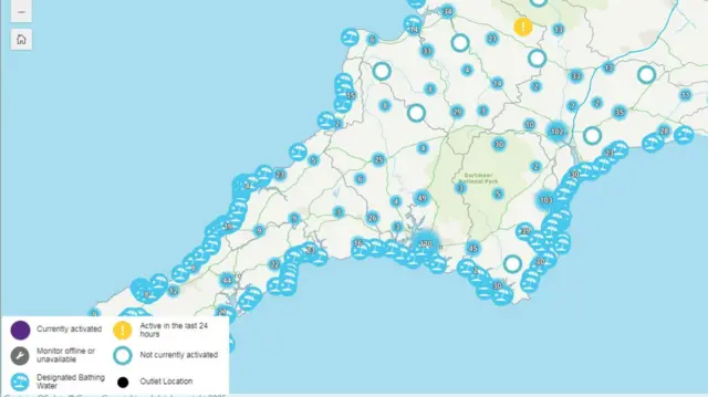 A map of the South West showing the locations of storm overflow sites.
