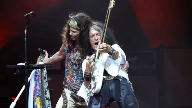 Steven Tyler and Joe Perry of Aerosmith perform on stage