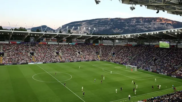 General view inside the stadium, as mountains are seen in the background