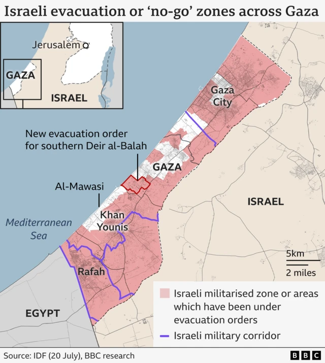 A map showing Israel-issued evacuation zones across Gaza. Most of the map is shaded red, showing Israeli militarised zones or areas that have been issued with evacuation orders