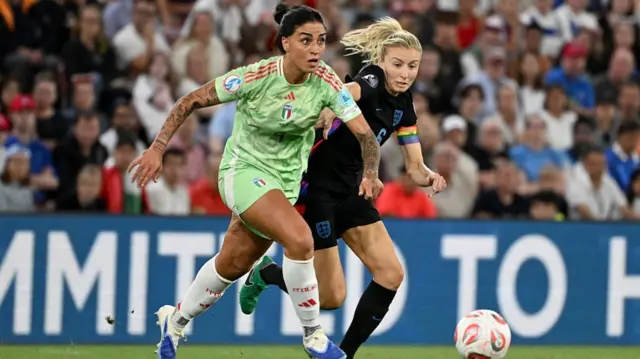 Italy's forward #09 Martina Piemonte (L) vies with England's defender #06 Leah Williamson (R)