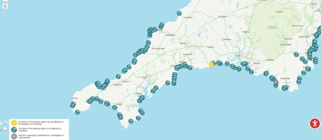 A map of Cornwall and Devon which has motifs showing bathing waters are not affected by storm overflows with one indicator that they have been affected in Looe.