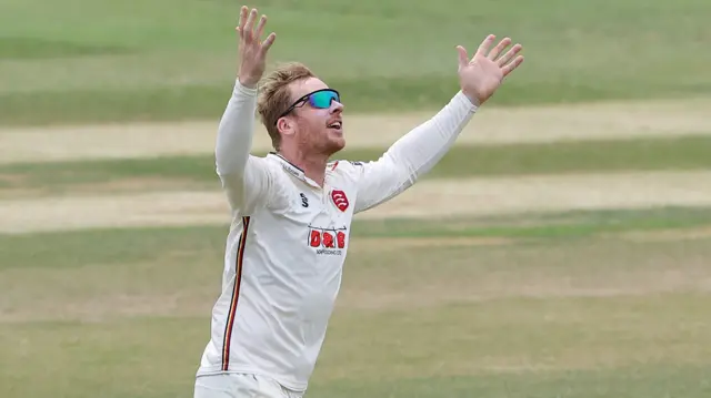 Simon Harmer celebrates a wicket for Essex