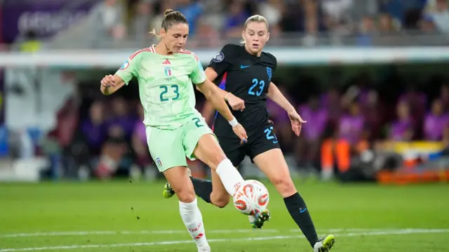 Alessia Russo forward of England and Arsenal FC and Cecilia Salvai defender of Italy and Juventus FC compete for the ball