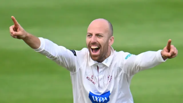 Jack Leach celebrates taking a wicket