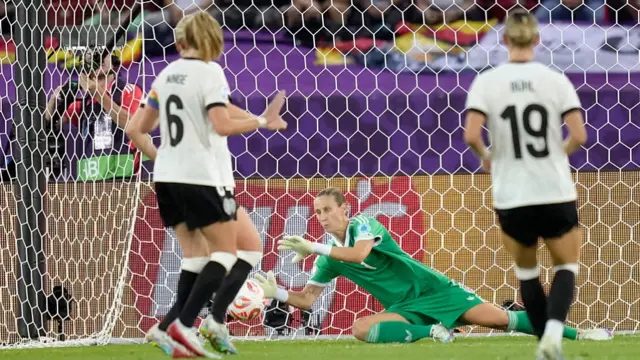 Ann-Katrin Berger goalkeeper of Germany and Gotham FC makes a save
