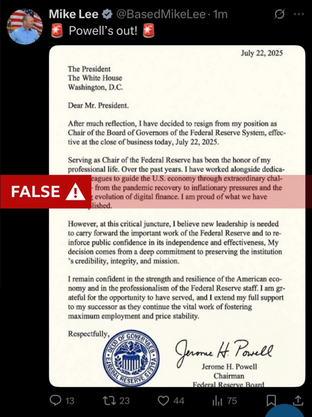 A screenshot of the false letter that was shared by Mike Lee. It includes the line “I have decided to resign from my position” because new leadership is needed to “reinforce public confidence” in the Federal Reserve.