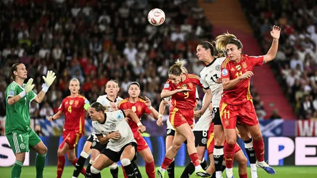 Spain's midfielder #11 Alexia Putellas (R) heads the ball towards goal