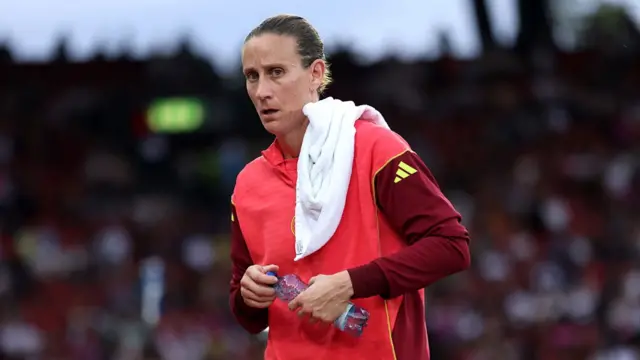 Ann-Katrin Berger of Germany looks on as she warms up