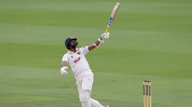 Khaleel Ahmed hits a six for Essex