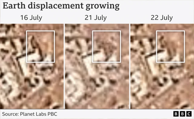 Satellite images from 16, 21 and 22 July show show earth displacement is growing
