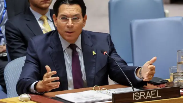 Danny Danon gestures as he speaks at the UN Security Council.