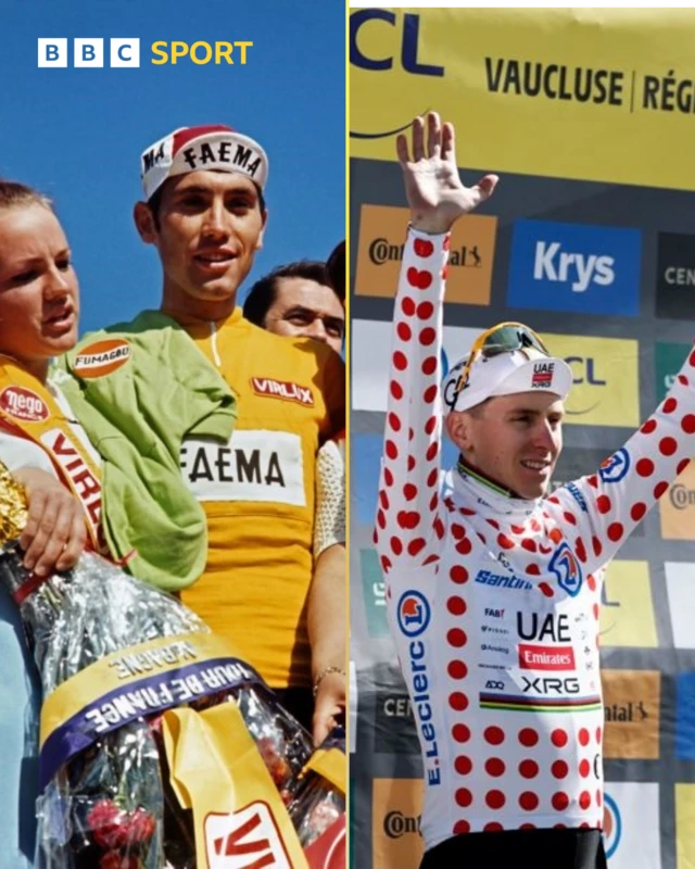 Split image of Eddy Merckx in 1969 and Tadej Pogacar in 2025