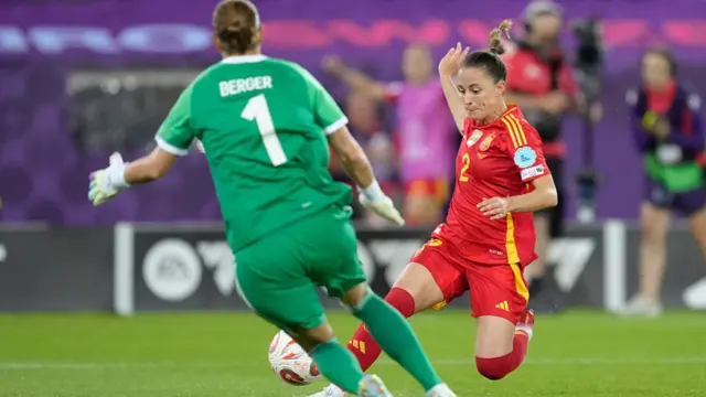 Ann-Katrin Berger goalkeeper of Germany and Gotham FC and Ona Batlle defender of Spain and FC Barcelona compete for the ball
