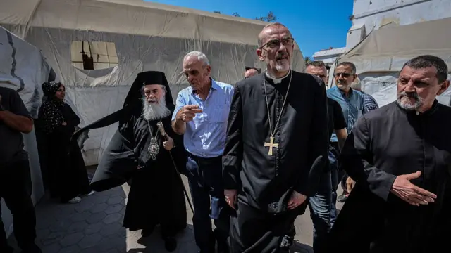 Greek Orthodox Patriarch Theophilos III (left) and Latin Patriarch Cardinal Pierbattista Pizzaballa (centre) visit Gaza