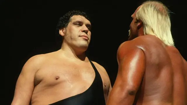 Hulk Hogan (right) faces off with Andre the Giant during their match