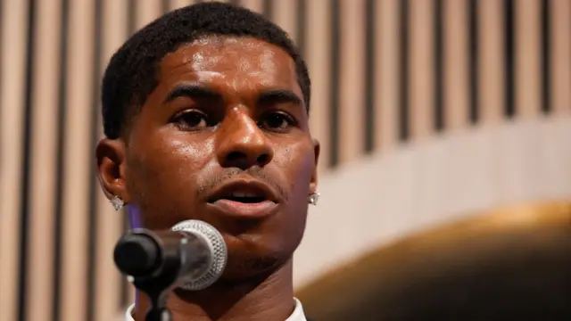 Marcus Rashford speaking to the media at his Barcelona unveiling
