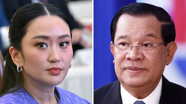 Diptych of Paetongtarn on the left, and Hun Sen on the right.