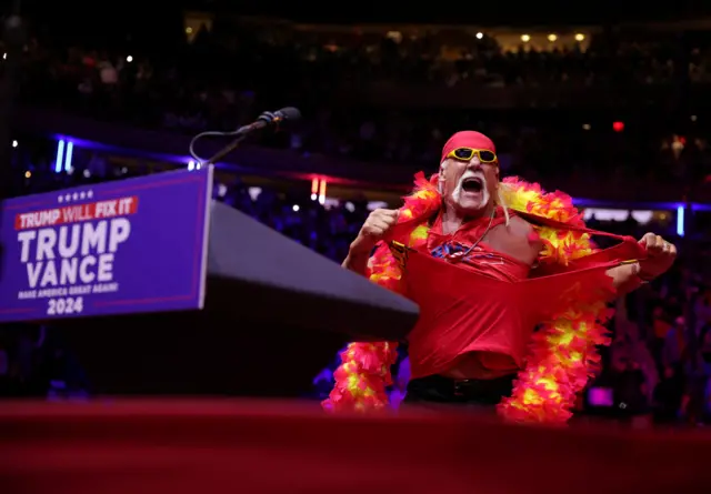 Hulk Hogan rips his shirt during a Trump presidential rally in New York City in 2024