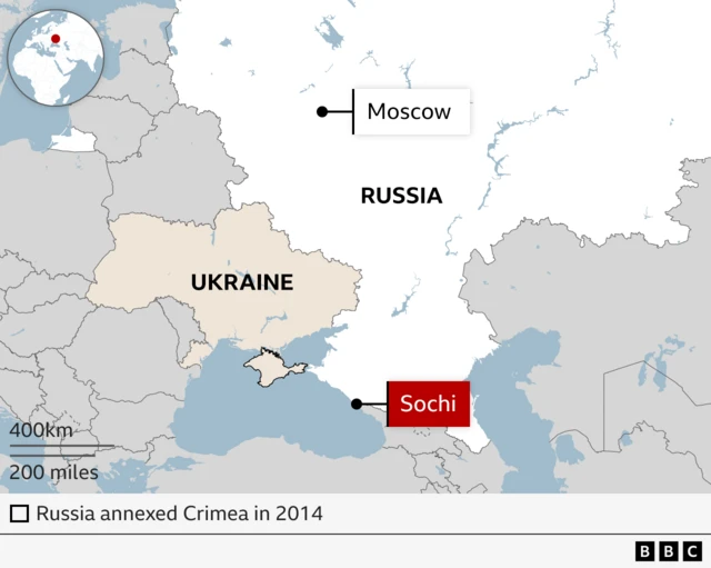A locater map. The map labels Sochi and Moscow in Russia as well as Ukraine.