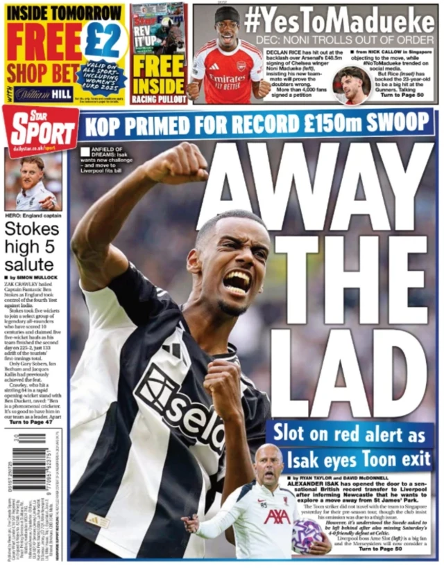 The Star's back page with a picture of Alexander Isak